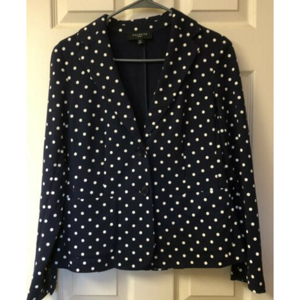 Talbots Womens Blazer SP Polka Dot Navy/White 4 Button Cuff Cotton/Poly Washable
